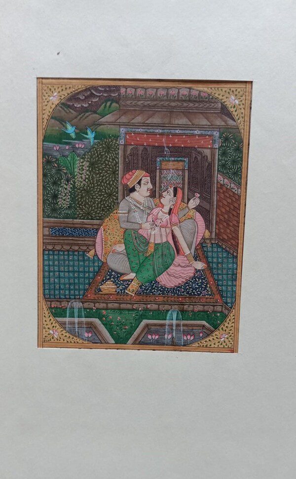 Mughal Love Scene Painting | Handmade Terrace with Fountain — Oval Frame
